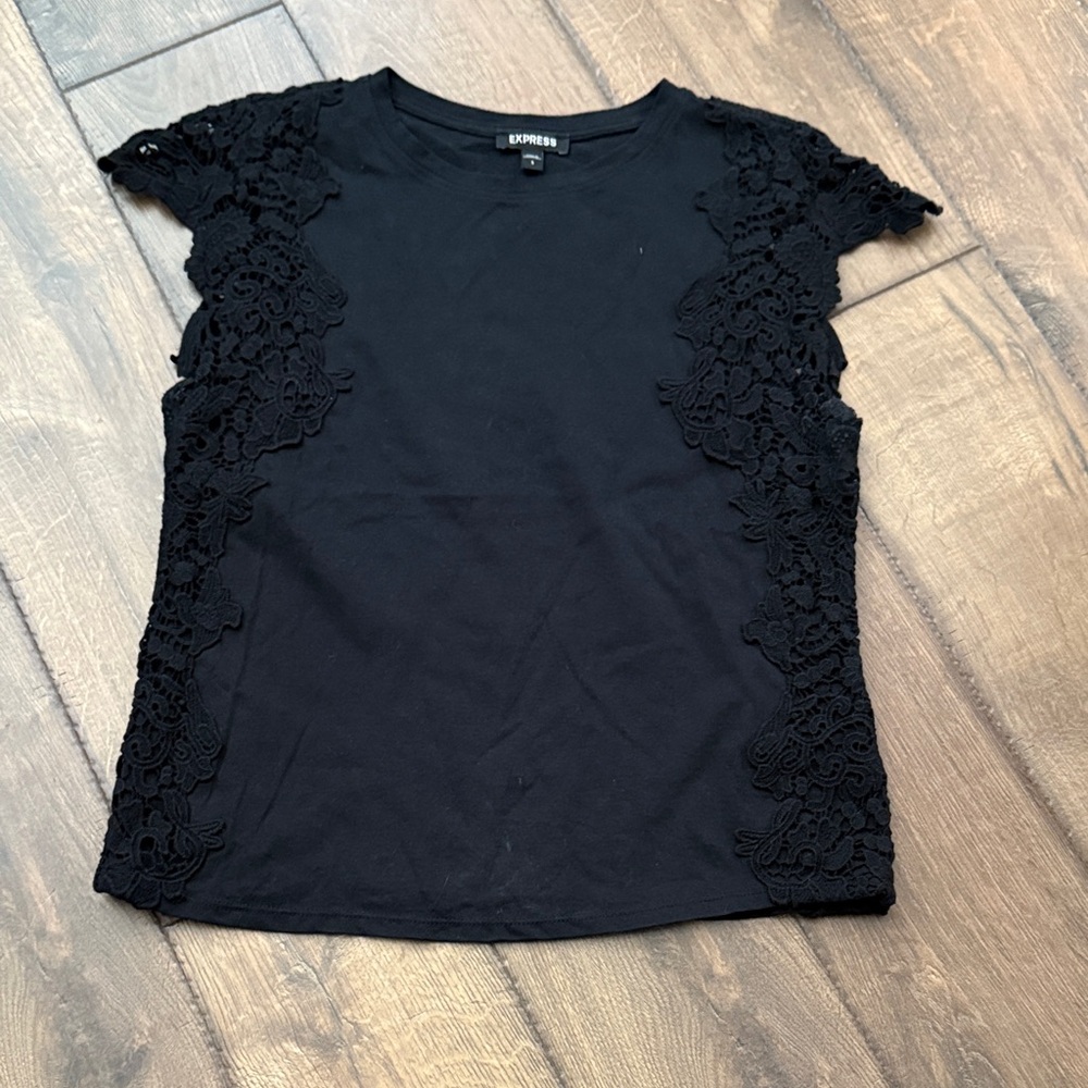 Express Women's Black Top with Lace Accents